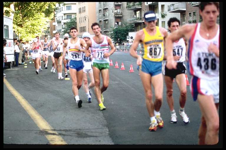 Rome 1987, début du 20 km marche #1855 - w:768, h:512, 54379, JPEG Pavol Blazek, Dominique Guebey, David Smith, Ricardo Pueyo, Martial Fesselier, Jose Pinto, Jan Staaf, Saandor Urbanik, Chris Maddocks