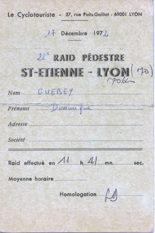 SaintéLyon 1972, Carte de pointage, recto.